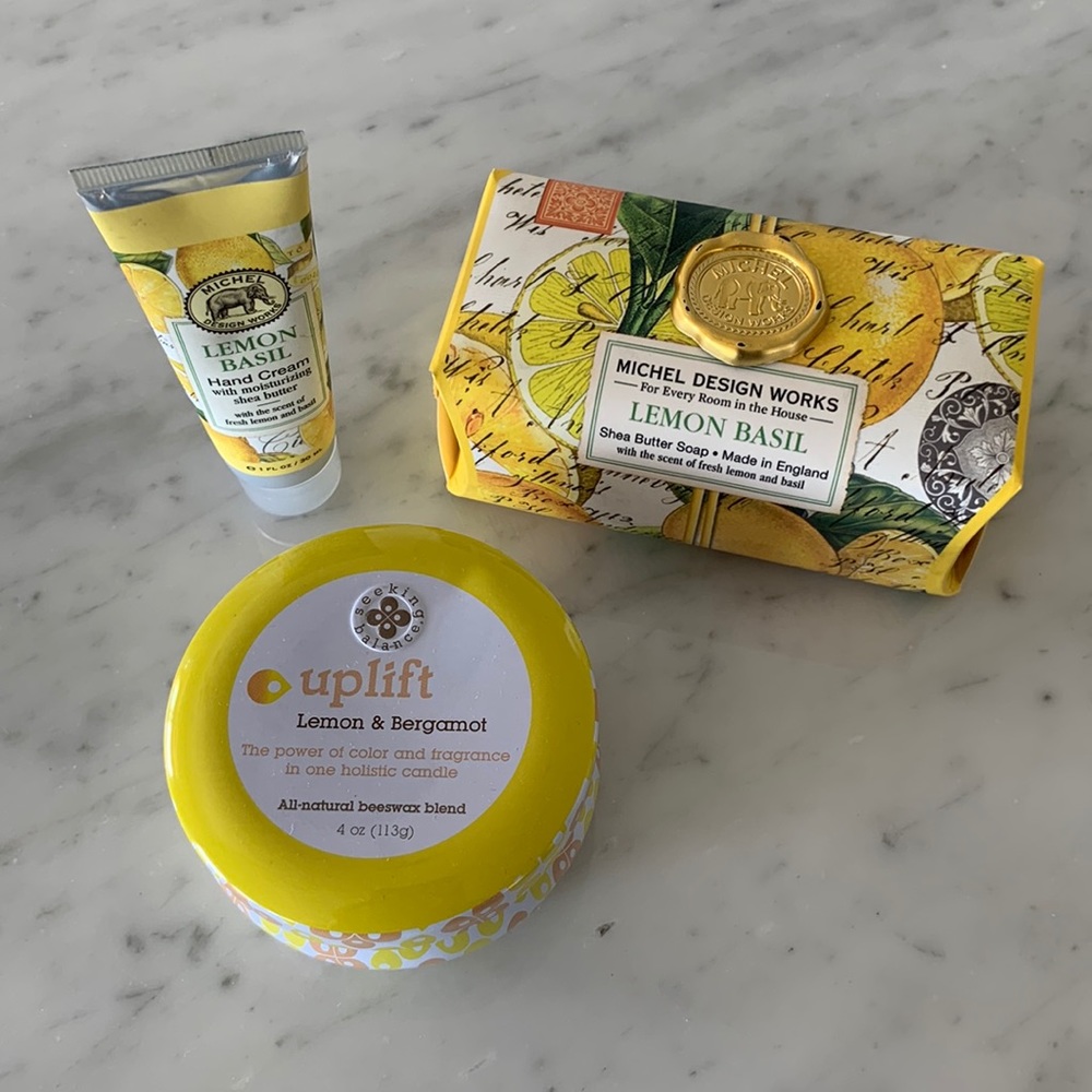 Lemon Soap, Candle, and Hand Cream Gift Set includes gift bag